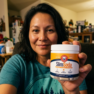 Customer holding a jar of SlimSoda