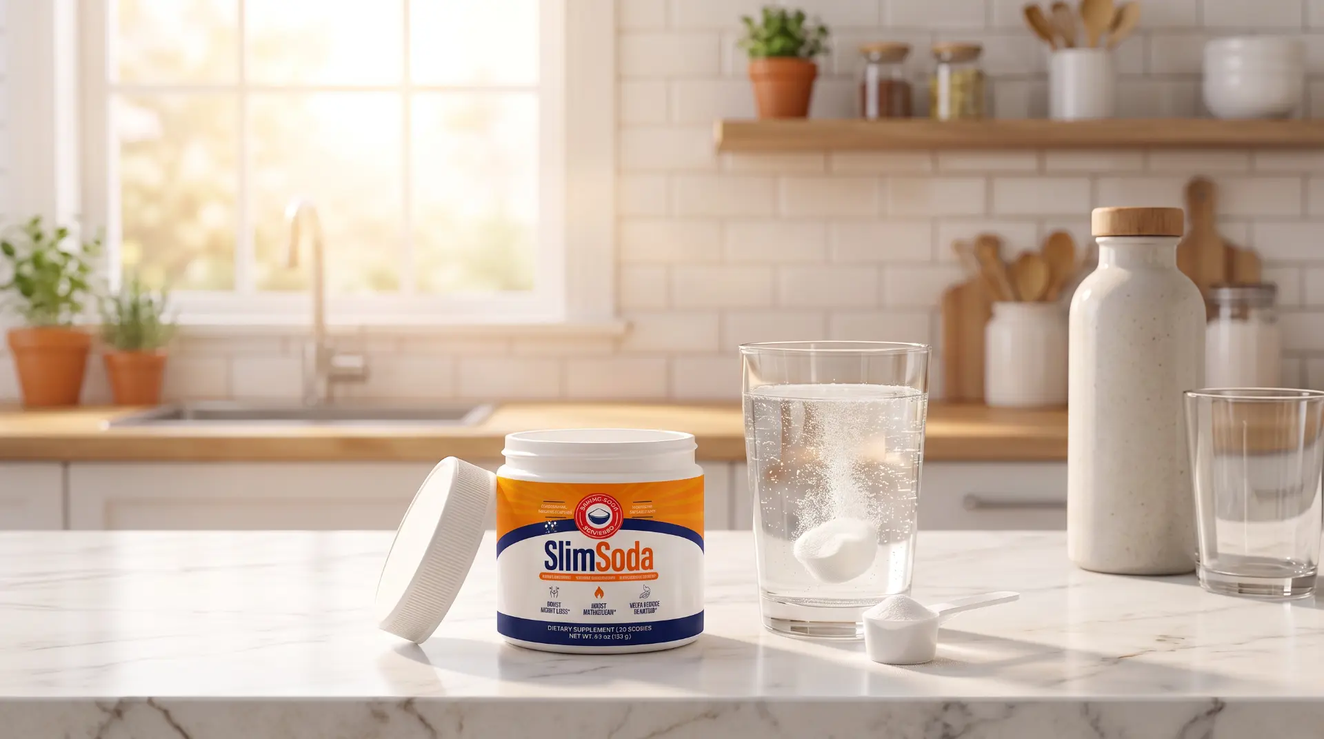 SlimSoda jar with its cap set beside a glass of fizzing water and a scoop of powder on a marble kitchen counter