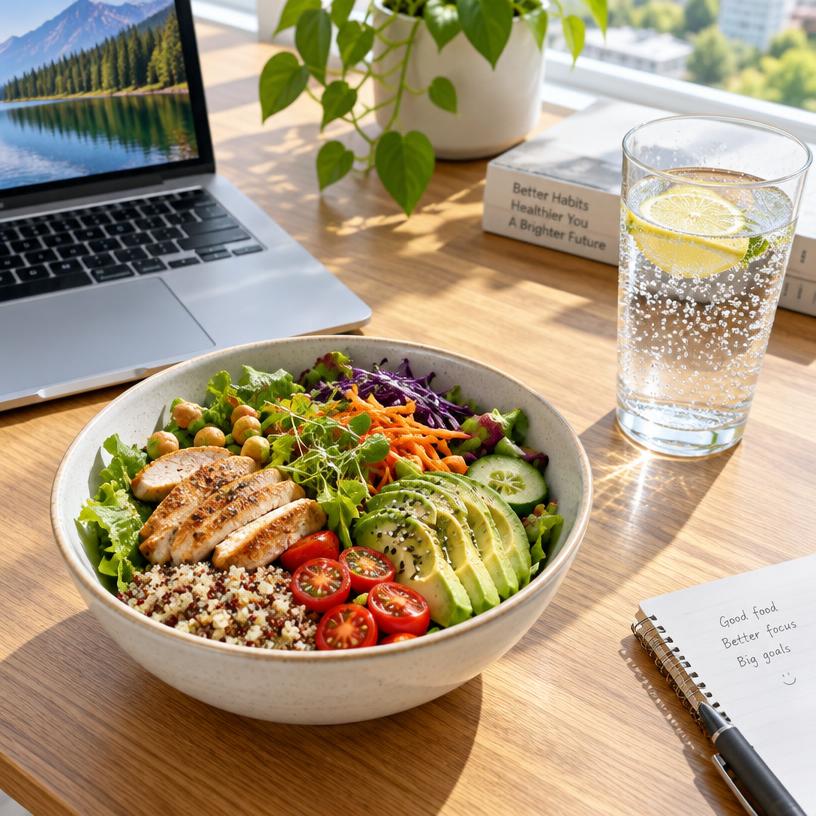 Salad and sparkling water on a desk at lunchtime